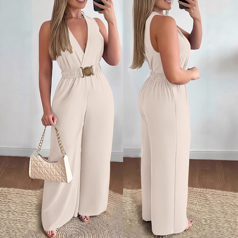 2026 Cross-Border Spring and Summer Hot-Selling Deep V-Neck Sleeveless Sexy Jumpsuit Amazon Foreign Trade Wide-Leg Slimming Fashion Style