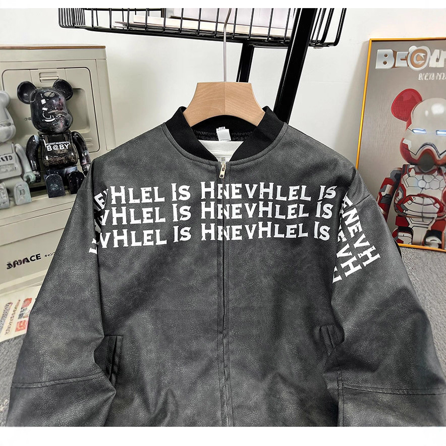 Cuello de béisbol chaqueta de cuero PU hombre primavera y otoño nuevo estilo americano letras de la calle alta impresa con chaqueta suelta