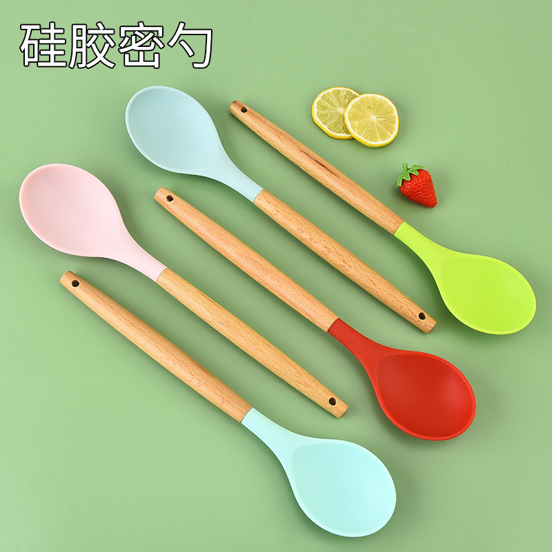 代發家用硅膠密勺加厚木柄硅膠鍋勺粥勺飯勺廚具家用不粘鍋烹飪勺
