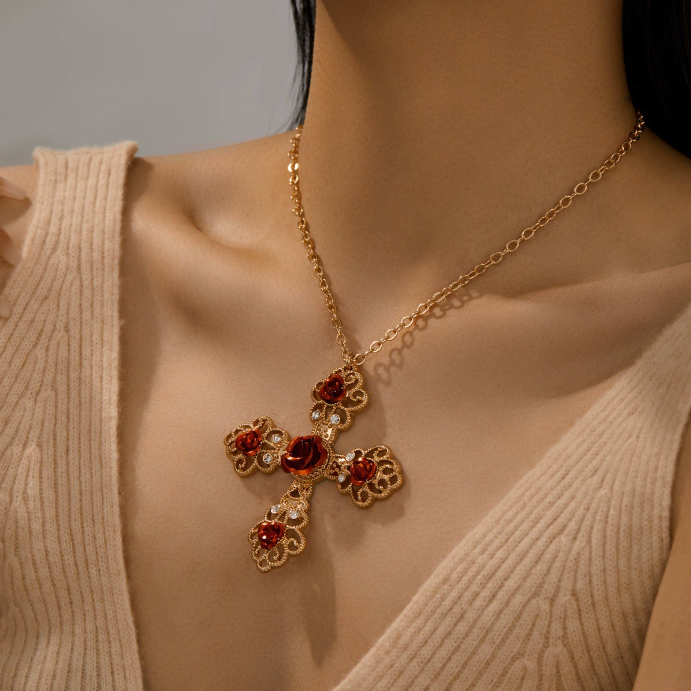 Европейский и американский ретро-дворцовый стиль, цепочка в форме креста, подвеска в форме цветка, новое крестообразное ожерелье, ожерелье, прямая продажа с фабрики