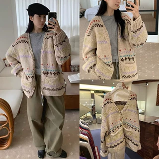 梵隼·XH韩系费尔岛粗线针织开衫东大门秋季新款彩色提花毛衣外套
