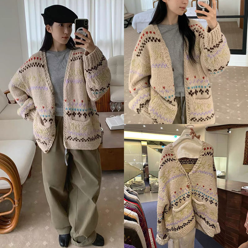 Fan Sun·Xh Korean-Style Fair Isle Thick-Knit Cardigan Dongdaemun Autumn New Colorful Jacquard Sweater Coat Fan Sun·Xh Korean-Style Fair Isle Thick-Knit Cardigan Dongdaemun Autumn New Colorful Jacquard Sweater Coat