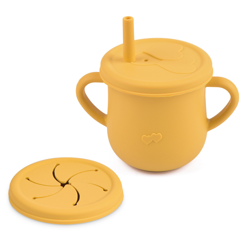 Silicona de grado alimenticio para niños snack Cup mango binaural portátil resistente a la caída con taza de paja de bebé taza de bebida de silicona