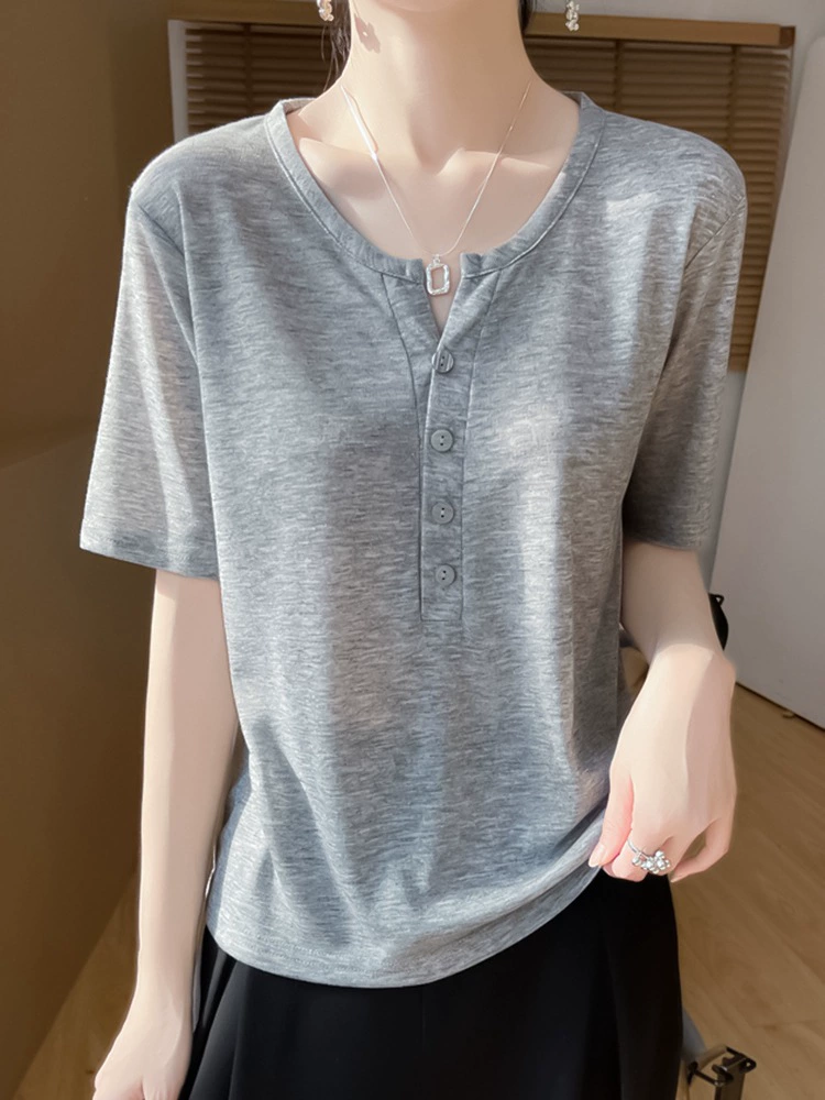 Элегантный полуоткрытый воротник смешанный трикотаж с короткими рукавами женский весна и лето тонкая повседневная футболка топ новый корейский повседневный