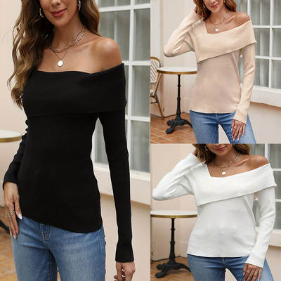 2023 Cross-border Foreign Trade New Autumn Amazon Independent Station Sexy Half Shoulder Solid Color Long Sleeve Sweater Knitted Sweater