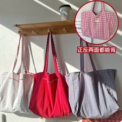 2025 春夏新作ショルダーバッグ韓国スタイル怠惰なキャンバスバッグシンプルな刺繍両面チェック柄コントラストカラーバッグ