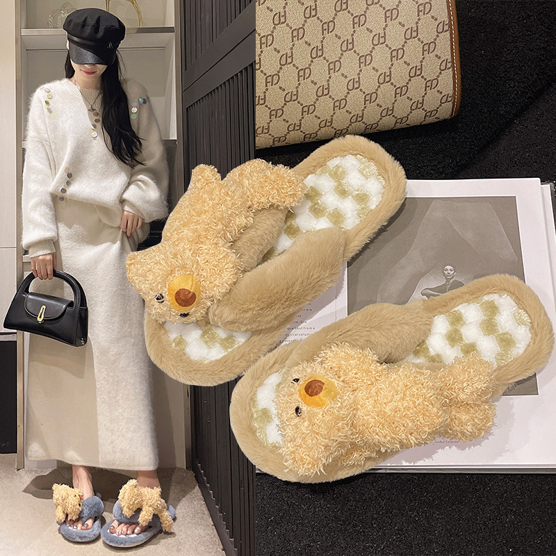 Cute Cartoon Bear-Shaped Flip-Flop Slippers for Winter, Wear-Resistant, Non-Slip, Open-Toe Cotton Slippers, Lazy Home Soft-Soled Cotton Shoes