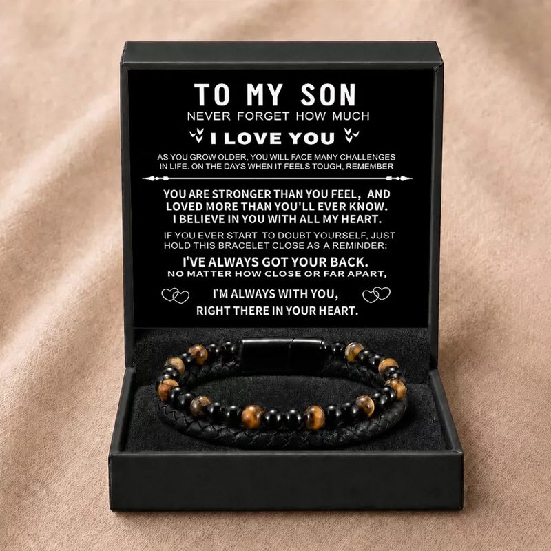 Amazon Bestseller Natural Stone Tiger Eye Beaded Genuine Leather Stainless Steel Bracelet European and American Men's Multi-Layer Cowhide Rope Bangle