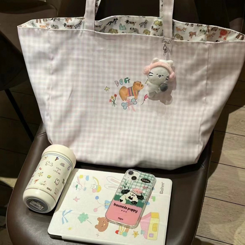 2024 New Cute Cartoon My Dog Hand-painted Plaid Double-sided Canvas Shoulder Bag Large Capacity Tote Bag