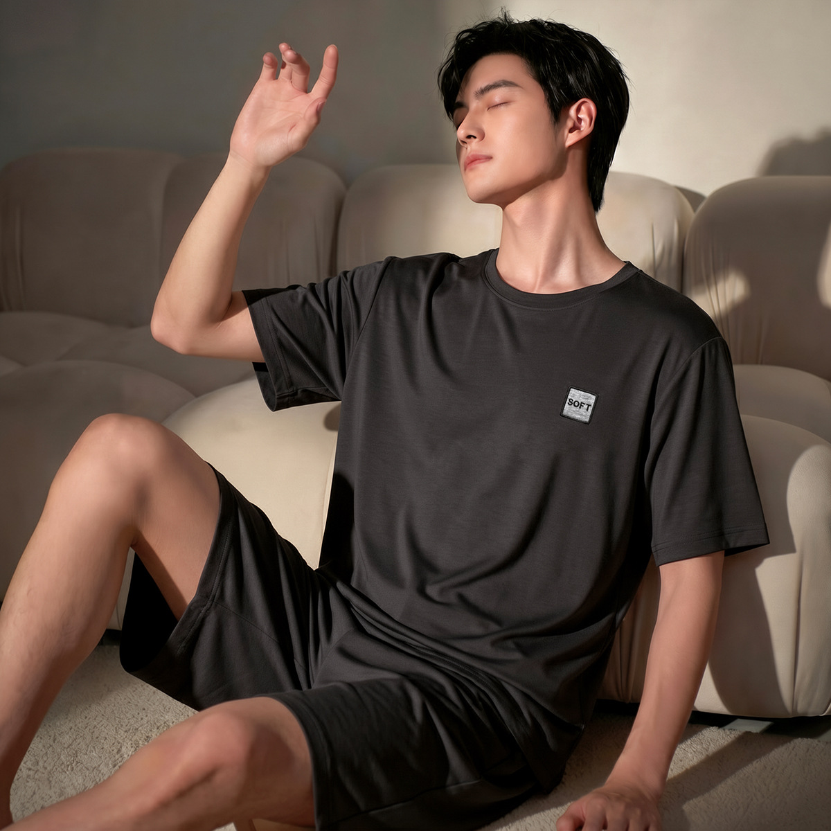 【모달 반팔 세트】 다크 그레이 자수