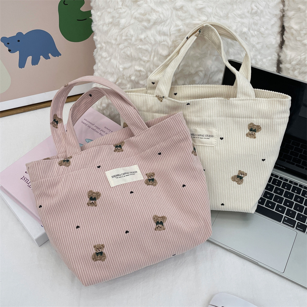 189g Weight Women's Corduroy Little Bear Cute Square Open Tote Bag