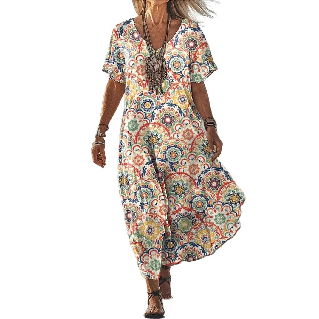 Creative Floral Women's Summer V-Neck Short Sleeve Dress Midi Skirt_ecoleips.com