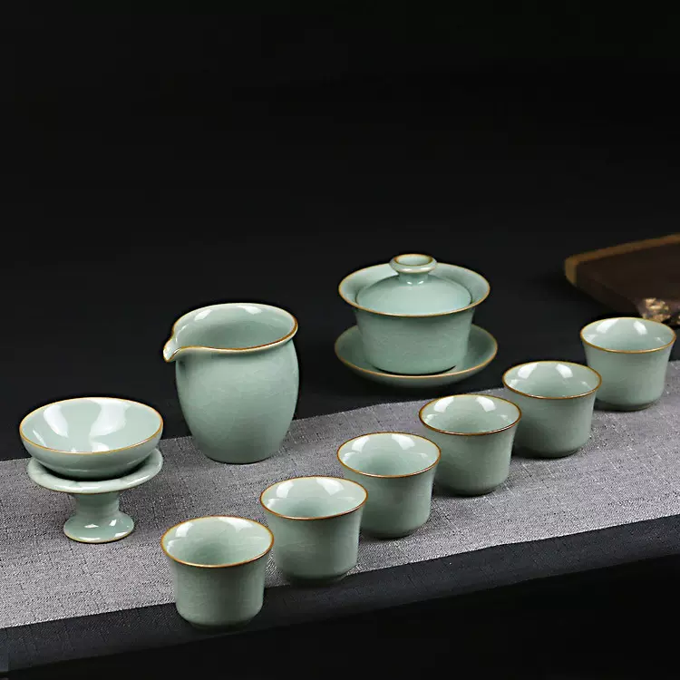 龙泉青瓷功夫茶具整套陶瓷盖碗茶杯茶壶冰裂纹套装春节商务伴手礼