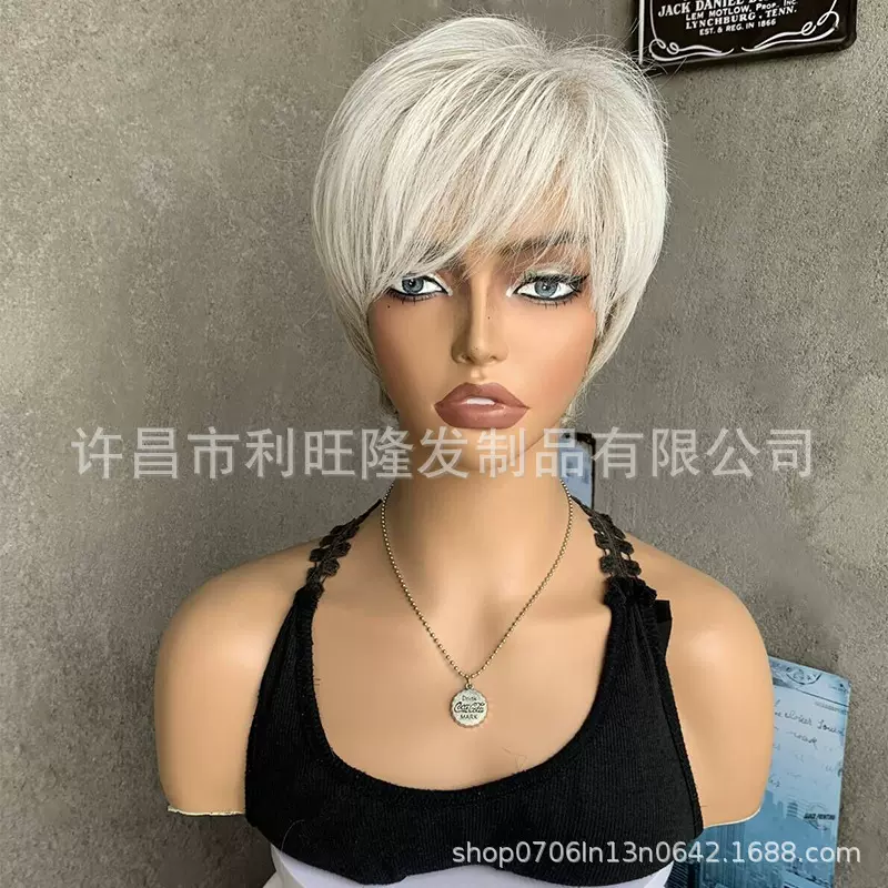 希音 亚马逊 Temu 欧美跨境时尚网红bobo头白色短发化纤假发头套