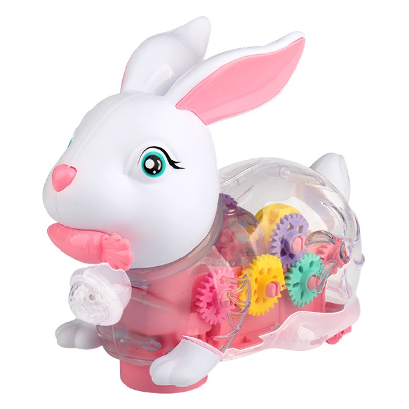 Conejo año mascota eléctrica UNIVERSAL TRANSPARENTE engranaje conejo música luz pequeño conejo blanco simulación animal juguete