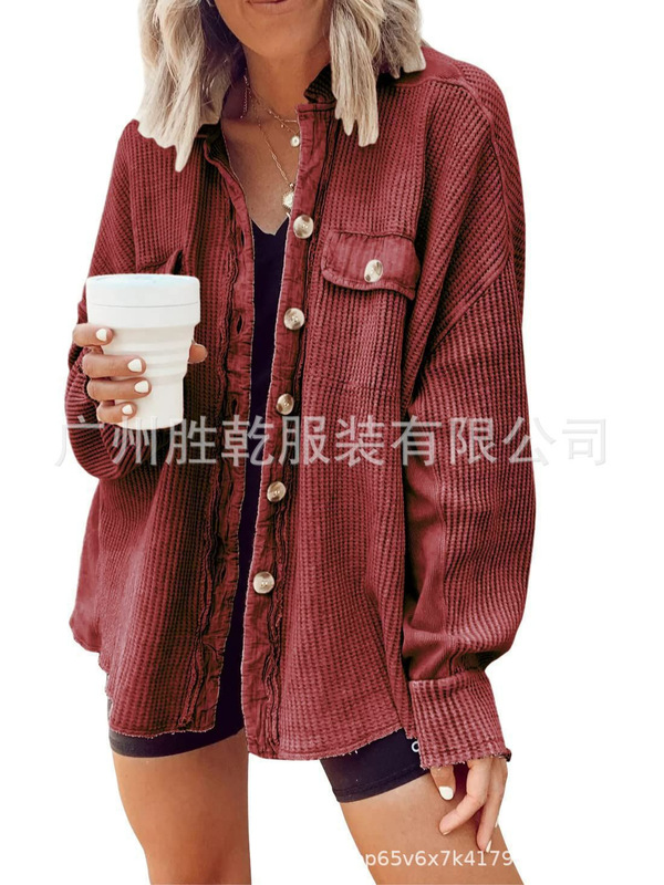 2025欧美跨境外贸秋冬拼接针织开衫外套女时尚休闲小立领口袋华夫|undefined