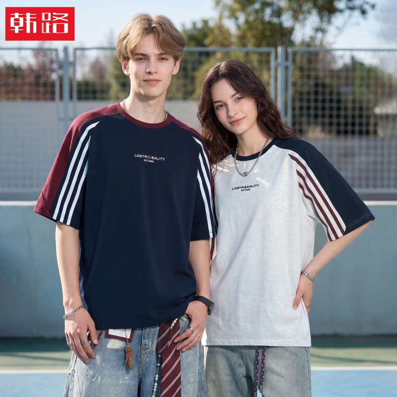 American-Style Trendy Brand Color-Blocking Sports Short-Sleeve T-Shirt for Men, Summer Retro Striped Loose Casual Half-Sleeve Tee