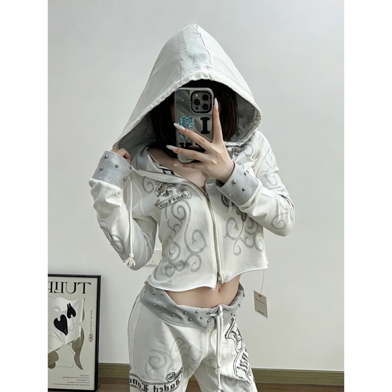 26Ssyb Open Order/ Starting from 90% off Pieces, Niche Design Jdl American-Style Rivet Print Spicy Girl Set Sweatshirt and Sweatpants for Women