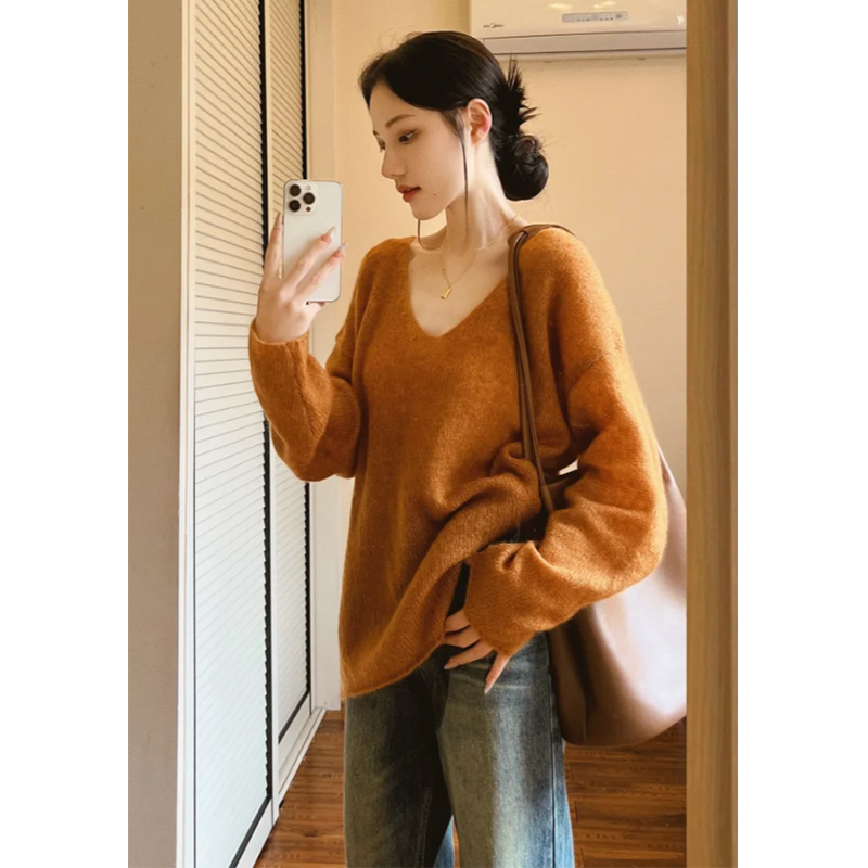 橙色v领秋冬慵懒风针织衫25新款宽松显瘦复古百搭毛衣衬衫长袖女|undefined