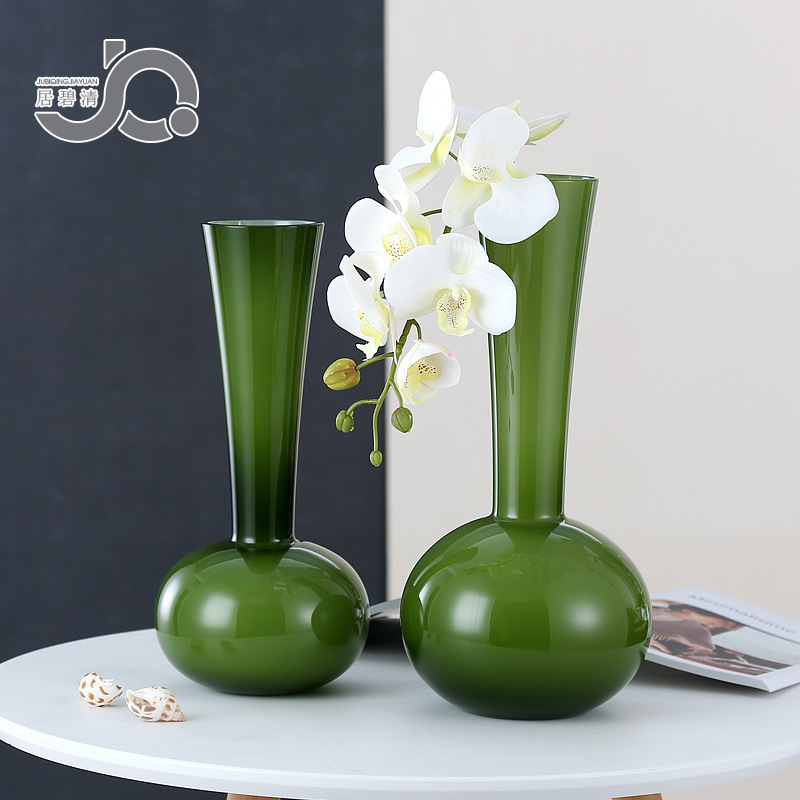 中古法式長頸玻璃花瓶瓷綠色蝴蝶蘭吊鐘馬醉木百合擺件客廳玄關