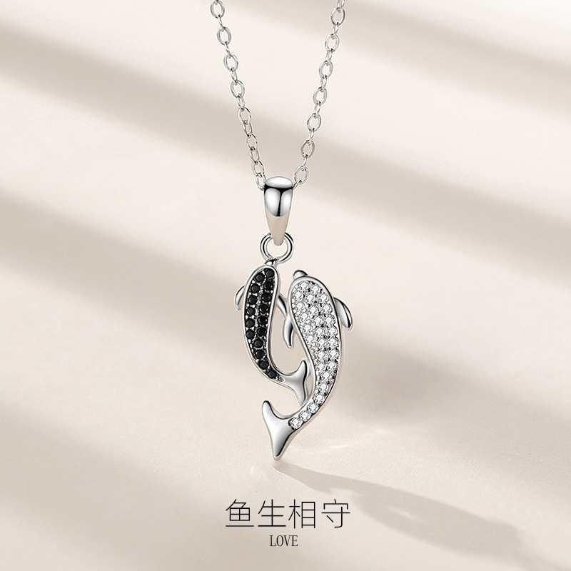 S925 plata esterlina doble peces delfín colgante moda ins estilo permanecer juntos por el resto de la vida animal joyería de plata llena de diamantes regalo de la muchacha