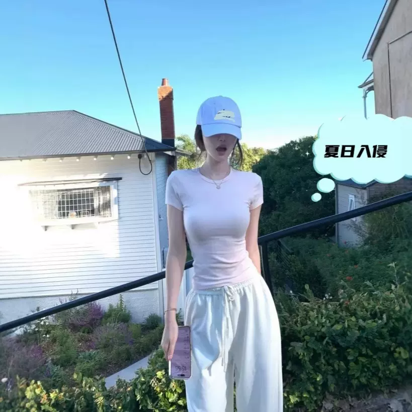 正肩短袖女t恤修身粉色上衣2025新款夏季美式收腰掐腰显身材半袖