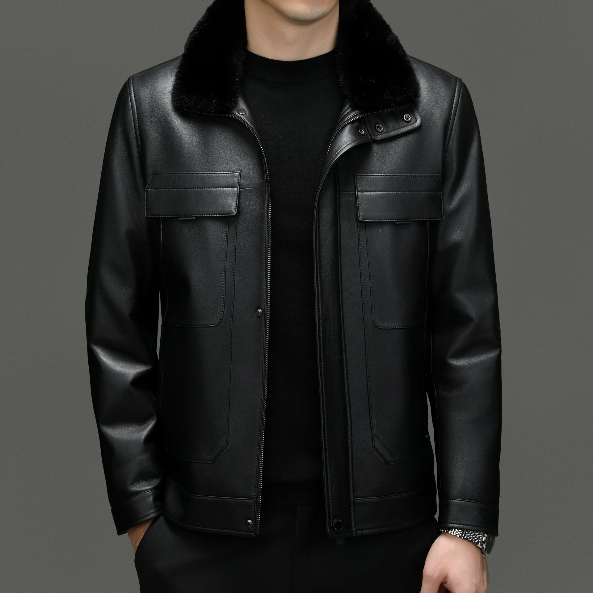 Men's Winter Haining Genuine Leather Jacket For Young And Middle-aged Casual Down Jacket,Warm Mink Fur Collar,Removable Goose Down Liner