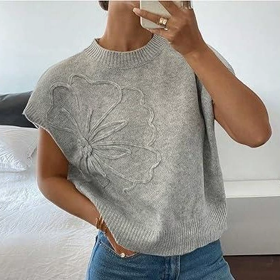 Высококачественный трикотаж с короткими рукавами и цветочной вышивкой для женщин, тонкий трикотаж, свободный короткий топ, обработка узора и индивидуальный заказ.