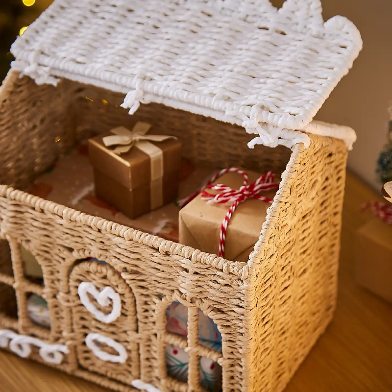 Cestas de juguetes de niños de tela de cuerda de papel casera Navidad vestir pan de jengibre cabaña canasta de almacenamiento props de fotografía