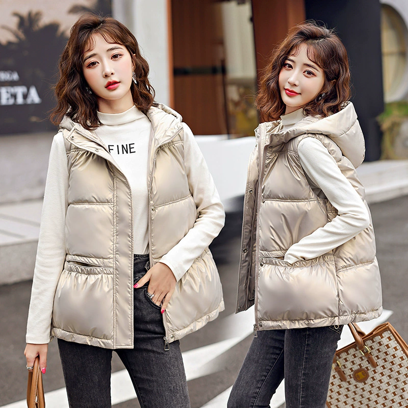 Глянцевый Универсальный Синий пуховый жилет Klein, женская одежда, осенне-зимний Свободный жилет в Корейском стиле, хлопковое пальто, модная Внешняя торговля