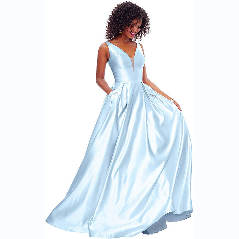 European and American Evening Dress Amazon Fashion Women's Backless Slim Satin Long Prom Dress with Pockets Bridesmaid Dress