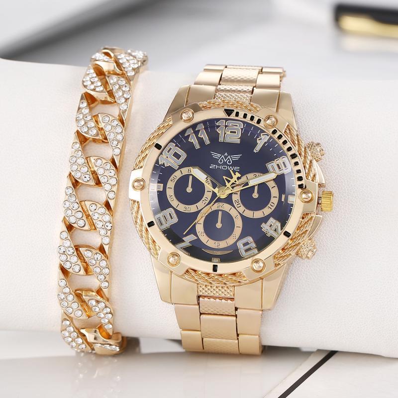 Comercio exterior moda de negocios relojes de hombre falsos tres ojos atmósfera reloj de correa de acero para hombres + pulsera hip-hop dos piezas conjunto de relojes de pulsera image 6
