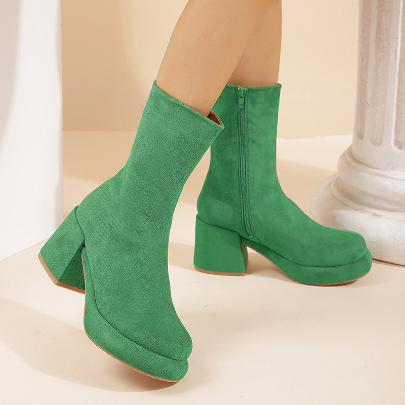 Plus size dikke hak ronde neus zijrits halfhoge laarzen Suède eenvoudige halfhoge afslankende mouwlaarzen_voghion.com