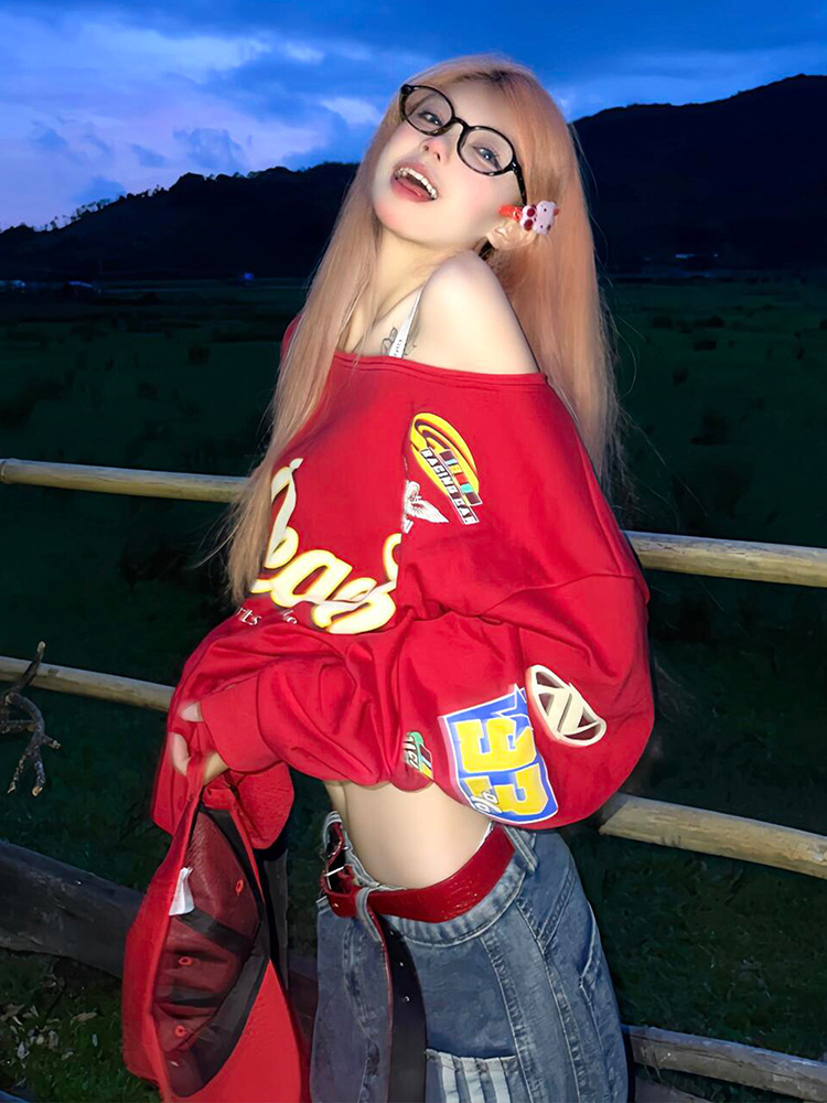 Women's Clothing Women's Red Hot Girl Off-Shoulder Sweatshirt Style Early Autumn Letter Color Block Print One-Shoulder Long Sleeve Loose Top_ecoleips.com