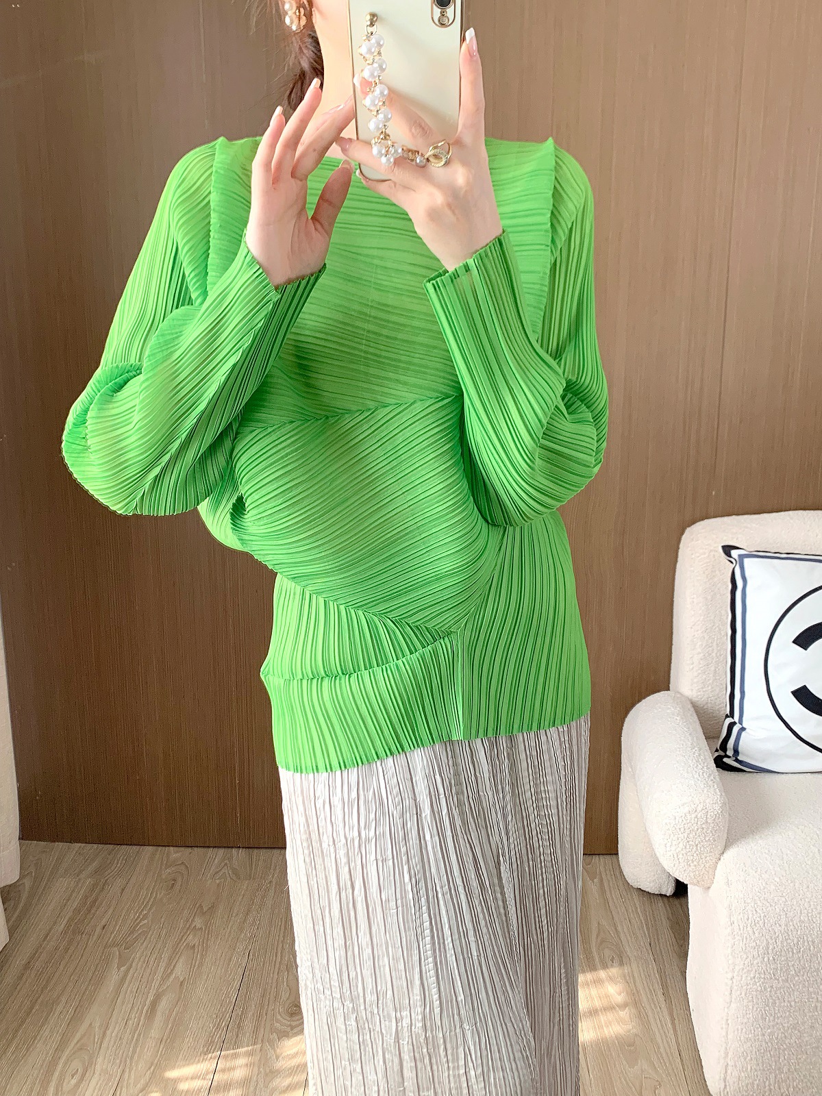 Top plisado Miyake para mujer, camiseta de manga larga con diseño irregular de nicho, muy vendida, moderna en Instagram. image 2