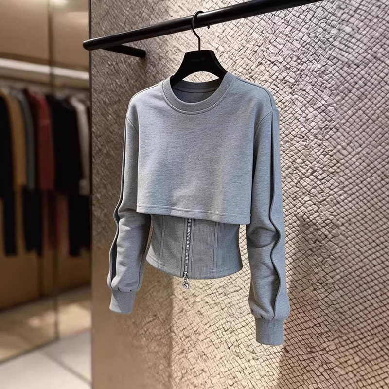 Casual Sports Style Gray Waist-Cinching Zipper Long-Sleeve Top for Women, 2026 Spring New Versatile Slim-Fit Fashion Casual Sports Style Gray Waist-Cinching Zipper Long-Sleeve Top for Women, 2026 Spring New Versatile Slim-Fit Fashion