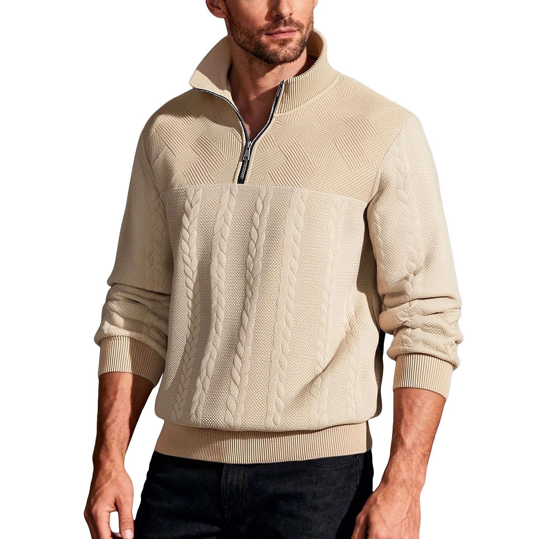 Cross-border retro americano cuello de cremallera casual chaqueta suelta pesada jersey jacquard otoño invierno chaqueta de hombre