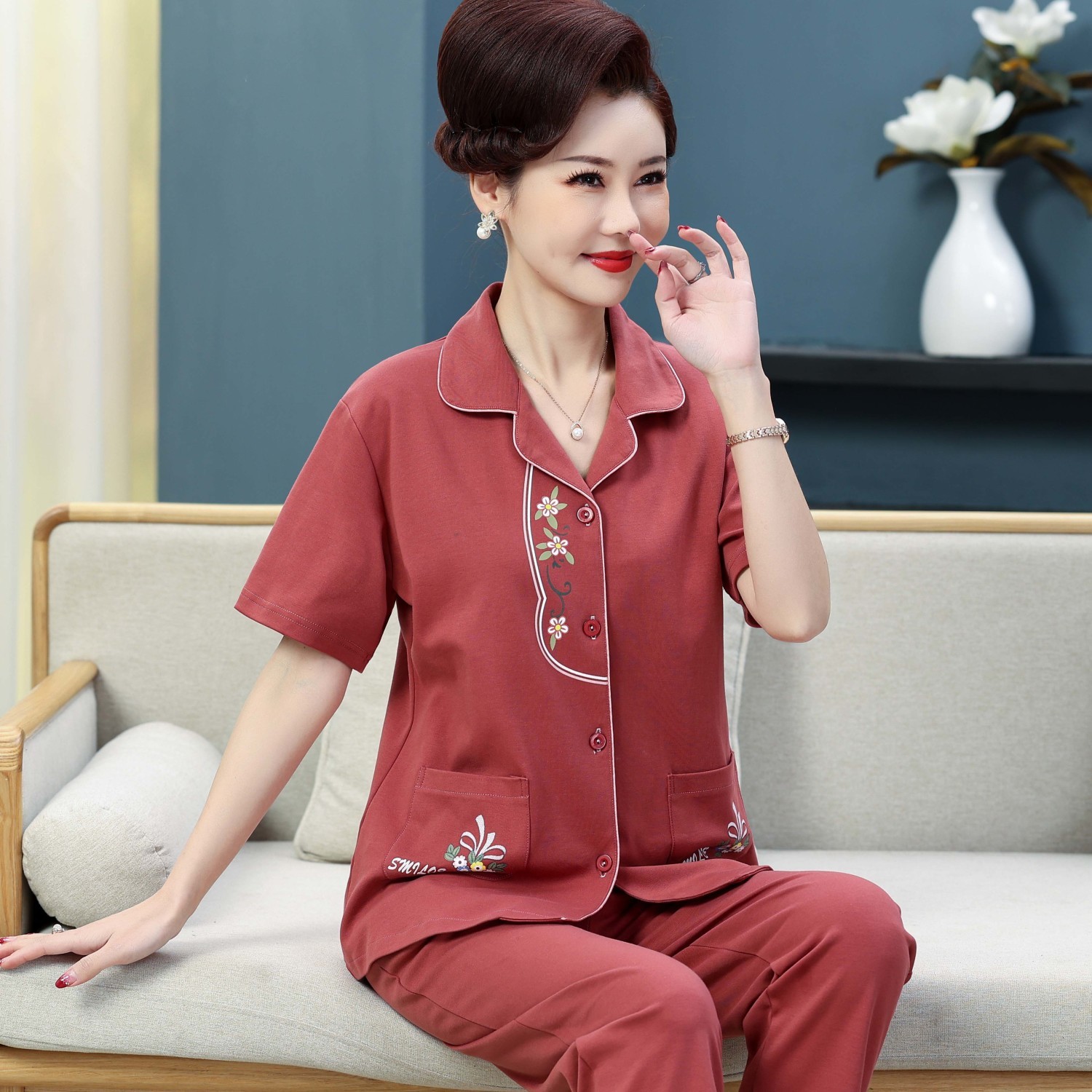 Pijamas de algodón de la madre de mediana edad pantalones de manga corta de verano para mujer cardigan de mediana edad y traje de ancianos homewear