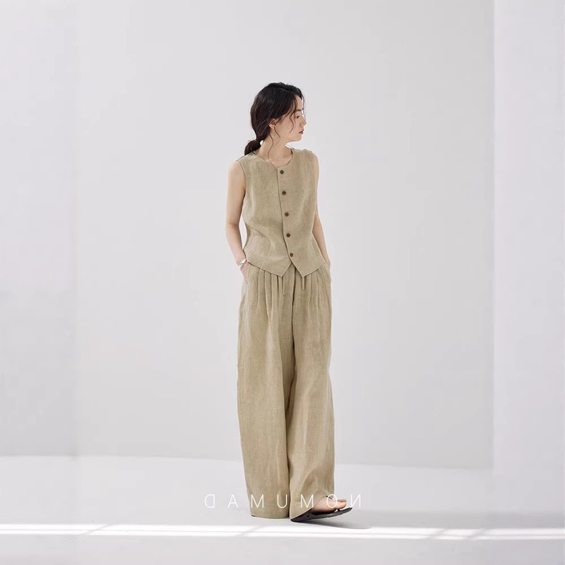 2026 Summer New Imported 100% Linen Summer Vest Top Wide-Leg Pants Set Old Money Style