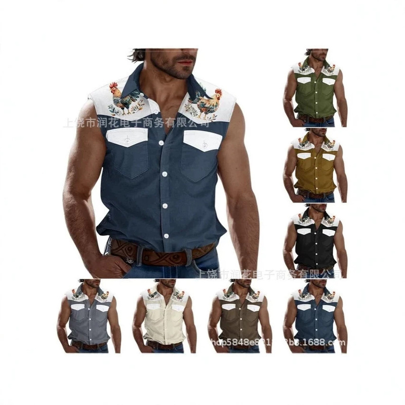 Popular Foreign Trade Item: Rooster 3D Digital Print Sleeveless Shirt, Vintage Western Workwear Style Men's Vest Shirt