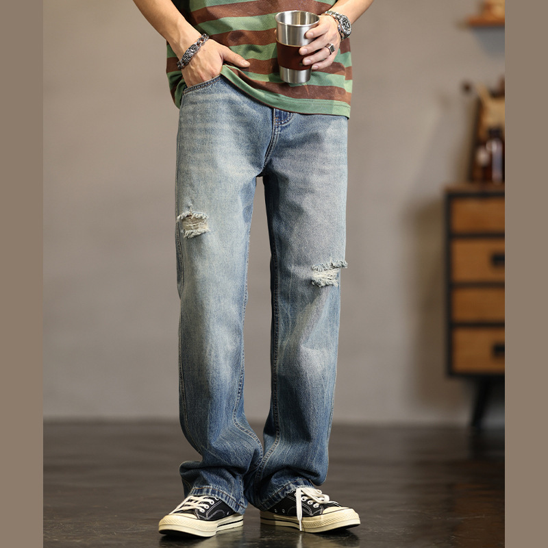 American Retro Ripped Jeans for Men, Spring Loose Casual Straight Pants, Trendy Washed Tie-Dye Tapered Trousers