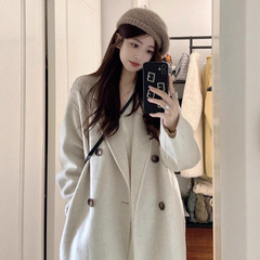 燕麦色韩系感毛呢大衣女2025新款秋冬季小个子中长款呢子外套