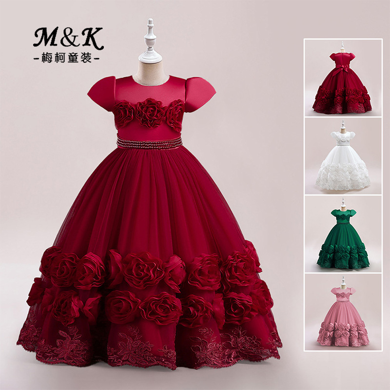 Nuevo vestido de princesa de niña larga transfronteriza decal de malla de niña presenta vestido de desfile vestido de fiesta