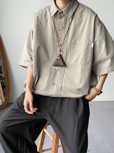 Japanese retro silhouette short-sleeve shirt men's summer oversize fashion brand tooling casual pleated half-sleeve coat