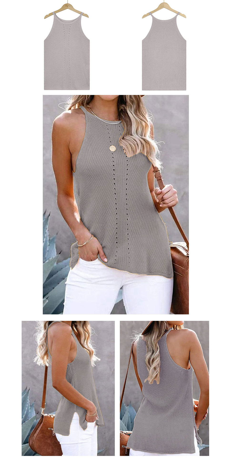 loose round neck sleeveless hollow solid color knitted vest NSWJY118221