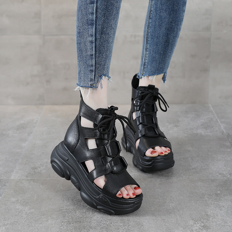 Cowhide Wedge Thick-Soled Roman Shoes Genuine Leather Retro Sandals 2025 Summer Trendy Fish Mouth High-Top Shoes Women's Sandals