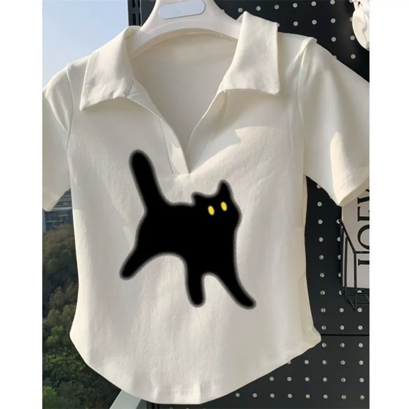 Белая милая футболка с короткими рукавами и воротником-поло для женщин, летняя нишевая футболка для похудения, сексуальный короткий топ с принтом, хлопковые вставки