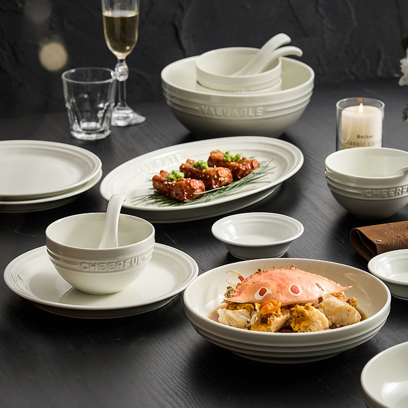 Truffle White Ceramic Tableware Plate Fish Plate Household Rice Bowl Single Soup Bowl Simple Advanced Sense Bowl Set Truffle White Ceramic Tableware Plate Fish Plate Household Rice Bowl Single Soup Bowl Simple Advanced Sense Bowl Set