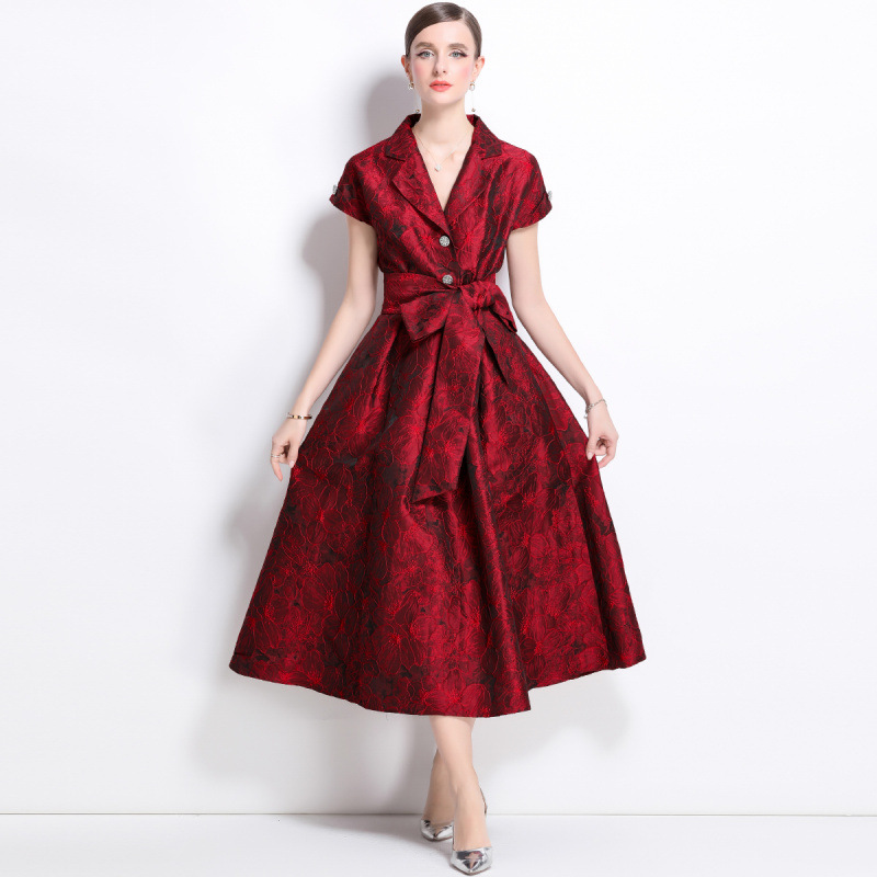 Đầm maxi nữ thắt eo kiểu Pháp tay ngắn cổ bẻ jacquard thanh lịch mùa hè 2025 — Màu xanh lam, Màu tím, Màu hồng, Màu đỏ