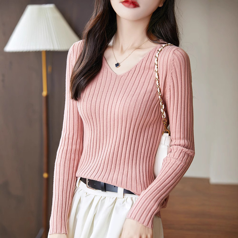 100 Cotton Long-sleeved Knitted Base Shirt Women's V-neck Pullover Sweater Slim-fit Slim-fit Outer Wearing Inner Sweater Top